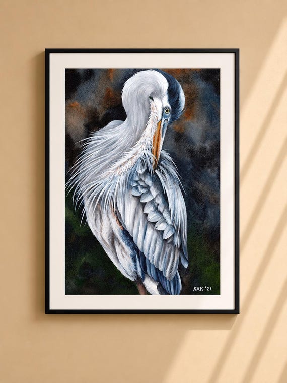Blue Heron Painting - Matted Wildlife Art Print, Nature Decor, Wall Art
