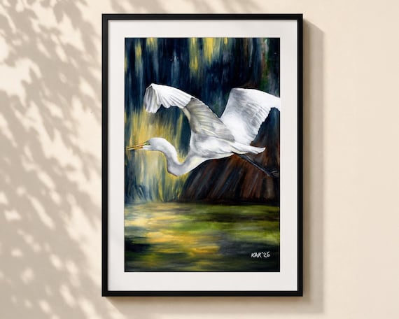 Egret Flying Over Louisiana Swamp Watercolor Art Print - Matted Wall Decor