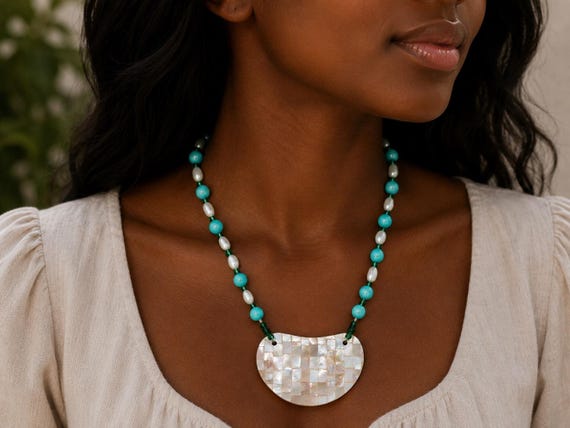 Shell Inlay Pendant with Turquoise, Freshwater Pearls and Crystals | Handmade Jewelry