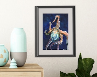 Dynamic Octopus Wall Art - Matted Print | Deep Sea Painting | Wall Art | Wildlife Art | Coastal Home Decor