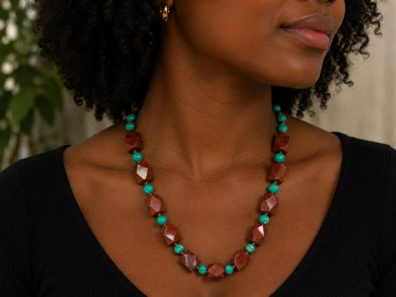 Brown and Blue/Green Agate with Crystals Necklace | Handmade Jewelry