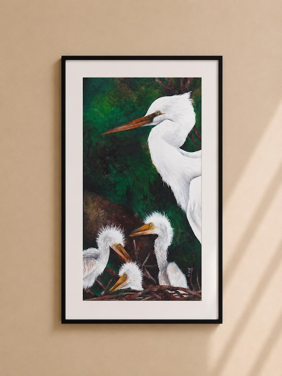 Family of Egrets - Matted Print | Wall Art | Wildlife Art | Nature Decor | Bird Lover Gift