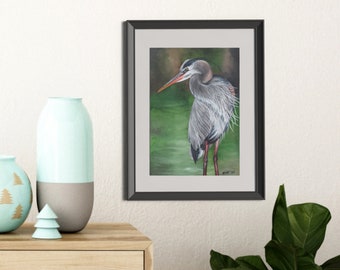 Great Blue Heron in Green Marsh Painting - Matted Print | Wildlife Art | Wall Art | Nature Home Decor | Bird Lover Gift
