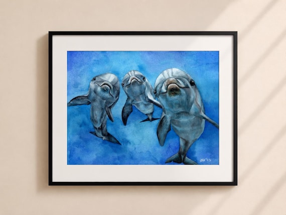 Happy Dolphins Watercolor Print - Matted Wildlife Art (14x11)
