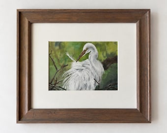 Original Egret Watercolor Painting, White Egret Bird Art, Louisiana Wildlife Art