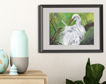 Egret in Branches Painting - Matted Print | Wildlife Art | Wall Art | Nature Home Decor | Bird Lover Gift