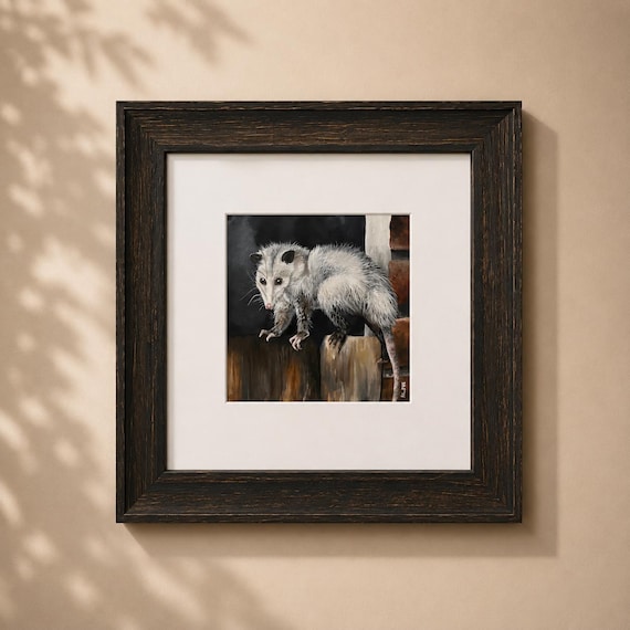 Original Possum Painting Framed 6x6 Wildlife Art with Gallery Glass | Opossum Watercolor