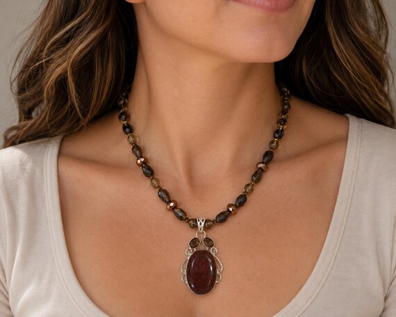 Jasper Pendant with Smokey Quartz and Glass | Handmade Jewelry