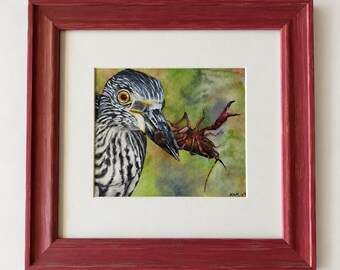 Original Night Heron Watercolor Painting, Heron with Crawfish Art, Louisiana Wildlife