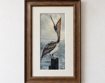 Original Pelican Watercolor Painting, Louisiana Brown Pelican Art