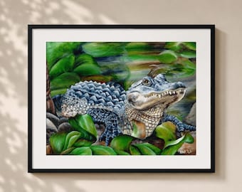 Alligator in the Leaves Painting - Matted Print