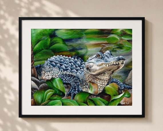 Alligator in the Leaves Painting - Matted Print