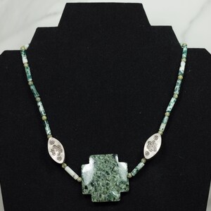 Zoisite Centerpiece with Moss Agate Beads and Sterling Silver | Handmade Jewelry