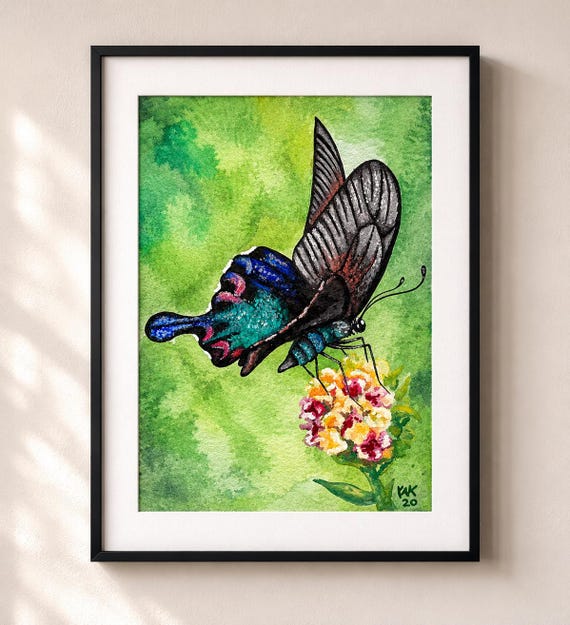 Black and Blue Butterfly Wall Art - Matted Print