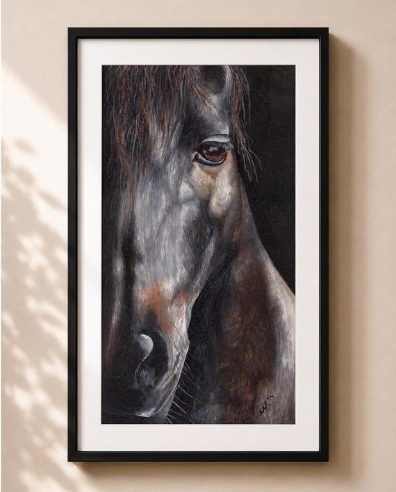 Black Horse Eye Matted Print – Signed, Wildlife Art