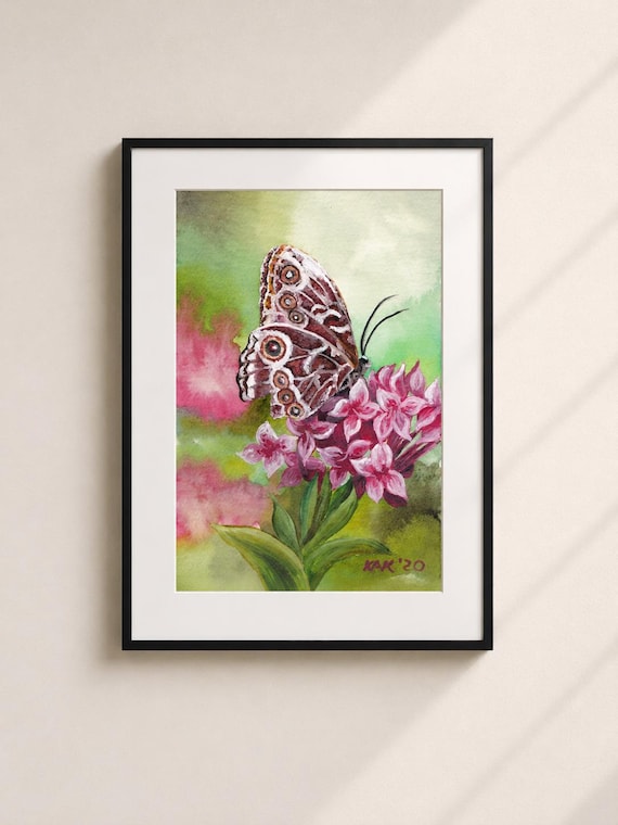 Brown Butterfly on Pink Flowers Wall Art - Matted Print