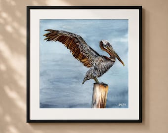 Pelican Taking Off Watercolor Painting - Matted Print | Nature Home Decor