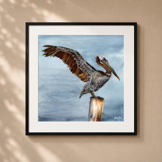 Pelican Taking Off Watercolor Painting - Matted Print | Nature Home Decor