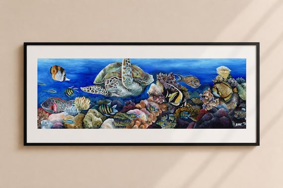 Coral Reef Watercolor Painting - Sea Turtle and Fish Matted Print
