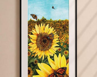 Sunflowers and Butterflies - Matted Print | Wildlife Art | Wall Art | Nature Home Decor