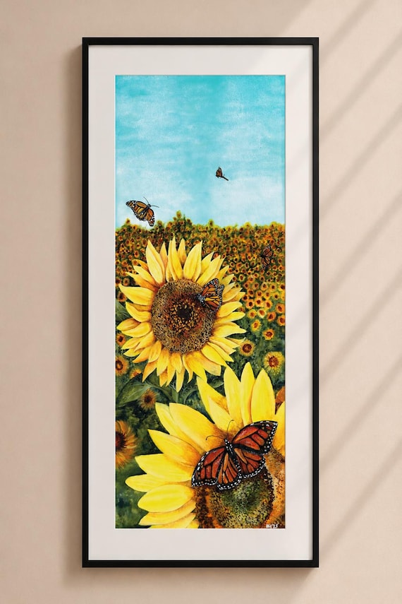Sunflowers and Butterflies - Matted Print | Wildlife Art | Wall Art | Nature Home Decor