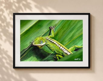 Green Anole Lizard Painting - Matted Print