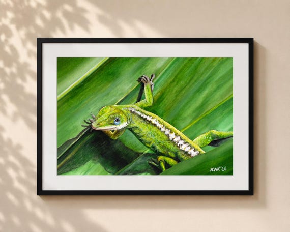 Green Anole Lizard Painting - Matted Print