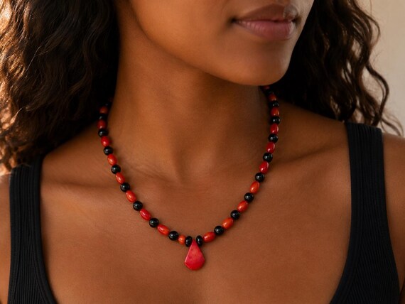 Red Coral and Onyx Necklace with Coral Teardrop Focal | Handmade Jewelry