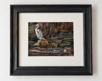 Original Louisiana Swamp Watercolor Painting, Egret and Alligator Art, Bayou Wildlife Art