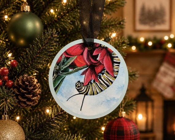 Watercolor Caterpillar Aluminum Ornament – Signed Art, Ribbon Included