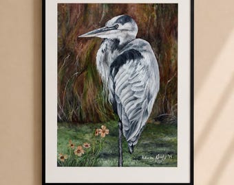 Heron in Swamp Watercolor Painting - Matted 14x11 Print