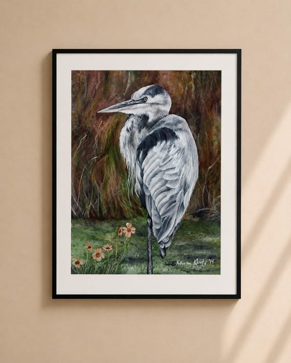 Heron in Swamp Watercolor Painting - Matted 14x11 Print