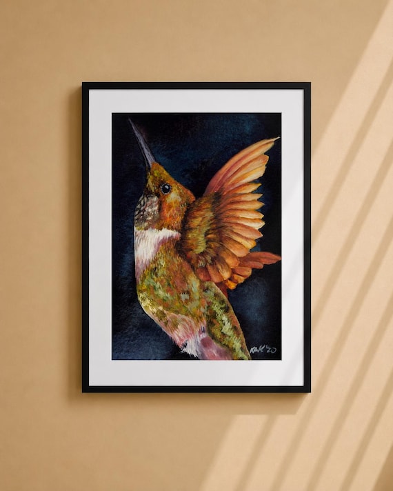 Gold and Green Hummingbird Painting - Matted Print | Wildlife Art | Wall Art | Nature Home Decor
