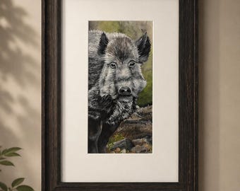 Original Wild Hog Painting Framed 6x12 Wildlife Art with Gallery Glass | Boar Watercolor | Rustic Nature Wall Decor