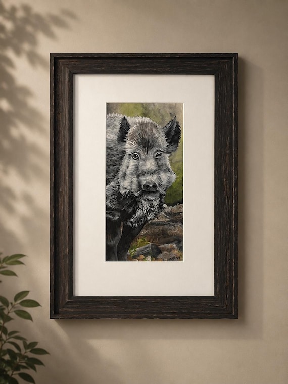 Original Wild Hog Painting Framed 6x12 Wildlife Art with Gallery Glass | Boar Watercolor | Rustic Nature Wall Decor