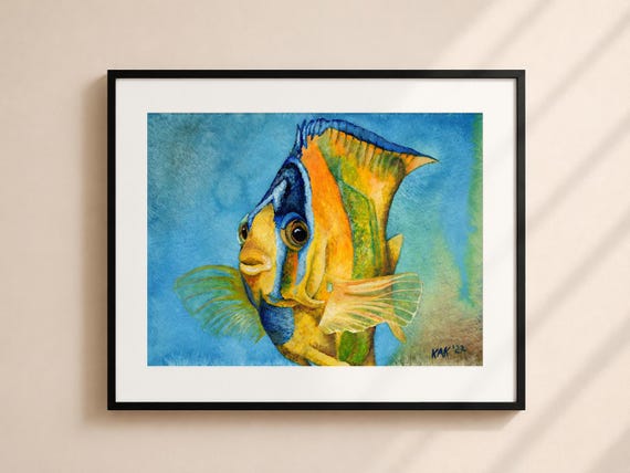 Queen Angelfish Painting – Matted Coastal Wall Art Print