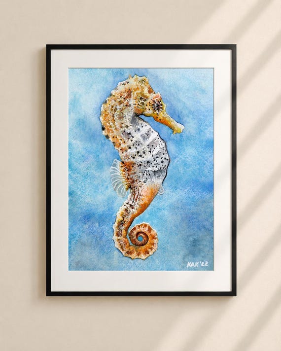 Seahorse Painting – Matted Wildlife Art Print, Coastal Decor | Wall Art | Deep Sea Theme
