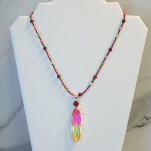 Pink and Yellow Quartz Pendant with Crystals and Hematite | Handmade Jewelry