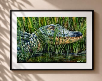 Alligator in the Marsh Painting - Matted Print
