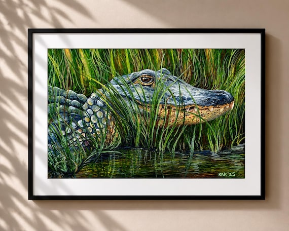 Alligator in the Marsh Painting - Matted Print