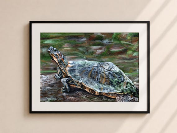 Turtle Sunning Itself Painting - Matted Print