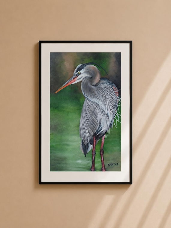 Blue Heron Art Print – Matted Wildlife Painting, Nature Decor