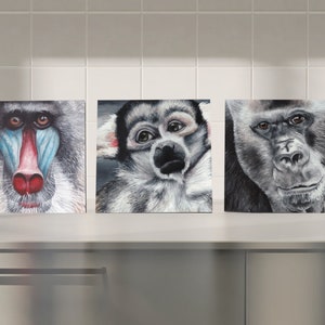 May include: Three framed paintings of different primates. The first painting is of a mandrill with a blue and red face. The second painting is of a lemur with a white and grey face. The third painting is of a gorilla with a grey face.