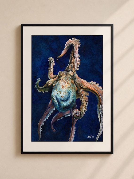 Watercolor Octopus Painting Print - Matted Deep Sea Wall Art