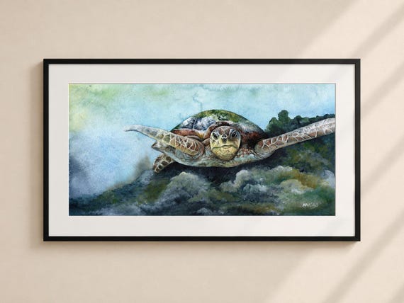 Serene Sea Turtle Matted Print - Coastal Wildlife Art (11x17)