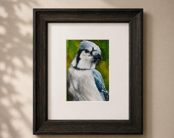 Original Blue Jay Watercolor Painting Framed 5x7 Bird Art with Gallery Glass | Bluejay Wildlife Artwork