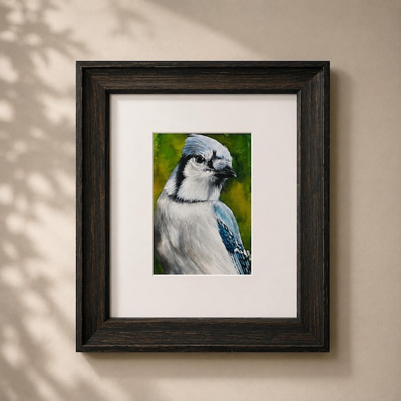 Original Blue Jay Watercolor Painting Framed 5x7 Bird Art with Gallery Glass | Bluejay Wildlife Artwork