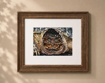 Original Alligator Snapping Turtle Painting Framed 7x10 Wildlife Art with Gallery Glass | Turtle Watercolor