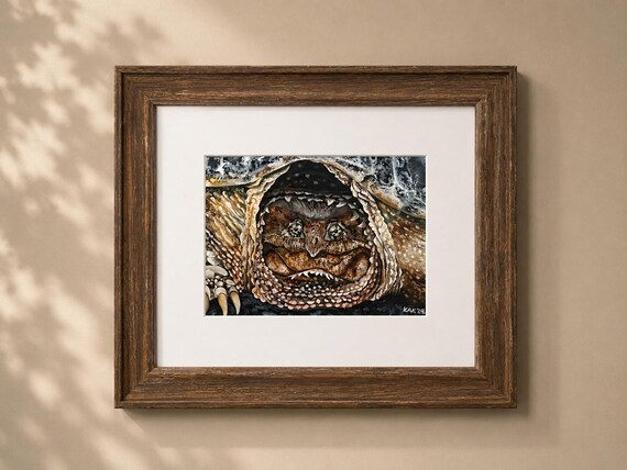 Original Alligator Snapping Turtle Painting Framed 7x10 Wildlife Art with Gallery Glass | Turtle Watercolor