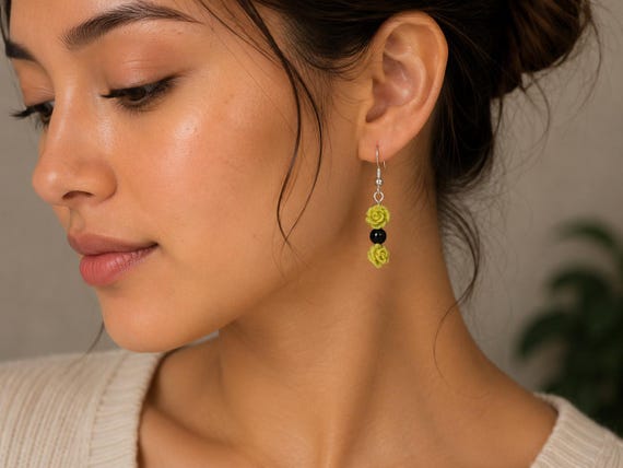 Onyx and Carved Agate Flower Earrings